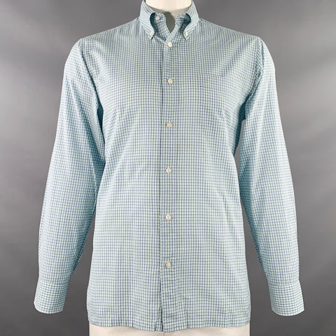 CHARVET Size M/L White Blue Green Checkered Cotton Long Sleeve Shirt