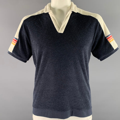 MARINE LAYER Size L Navy White Color Block Polyester Blend Terry Polo