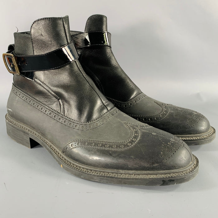 VIVIENNE WESTWOOD Size 12 Black Dark Grey Perforated Rubber Ankle Strap Boots