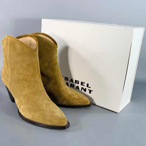 ISABEL MARANT AW23 Size 10 Darizo Taupe Suede Pull On Stacked Heel Cowboy Boots