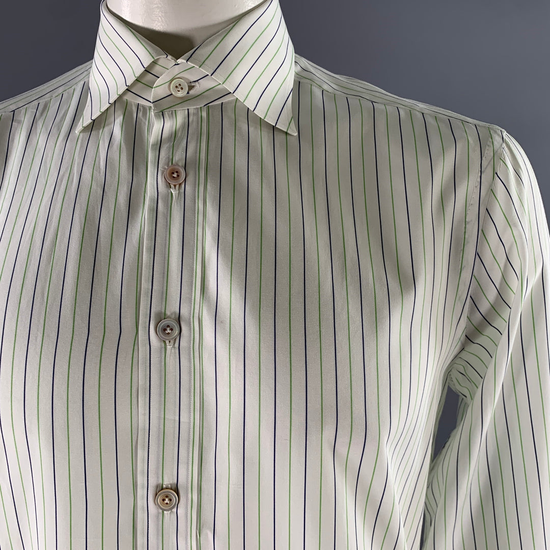 KITON Size L White Green Navy Pinstripe Cotton Long Sleeve Shirt