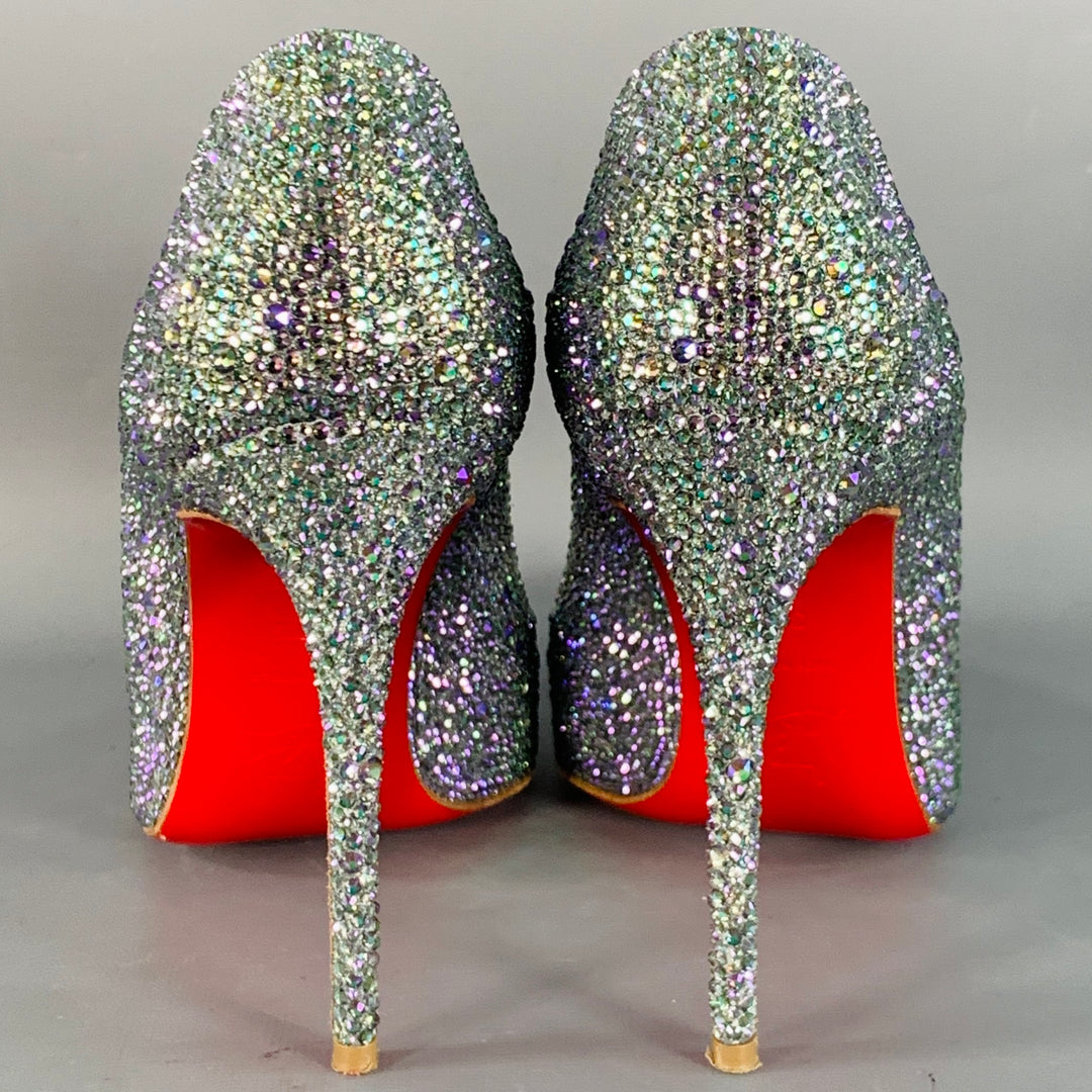CHRISTIAN LOUBOUTIN Size 9.5 Kate Strass Multi Color Red Suede Rhinestones Pointed Toe Pumps