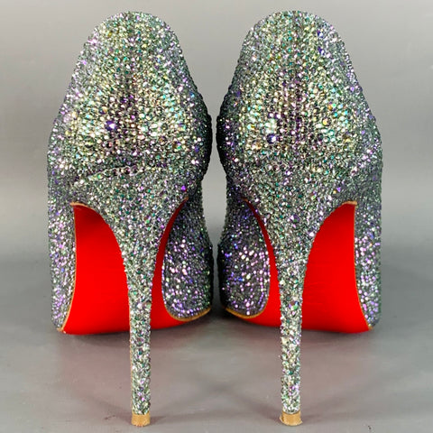 CHRISTIAN LOUBOUTIN Size 9.5 Kate Strass Multi Color Red Suede Rhinestones Pointed Toe Pumps