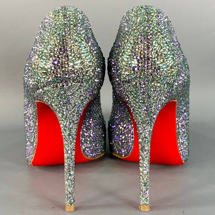 CHRISTIAN LOUBOUTIN Size 9.5 Kate Strass Multi Color Red Suede Rhinestones Pointed Toe Pumps