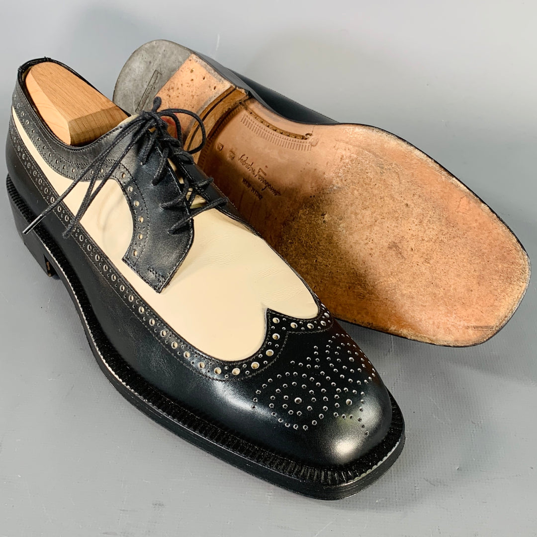SALVATORE FERRAGAMO Size 9 Black Ivory Leather Spectator Wingtip Lace-Up Shoes