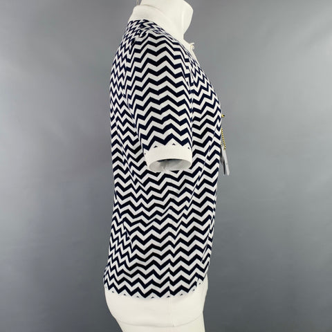 SARTORIO Size M White Navy Chevron Cotton Buttoned Polo