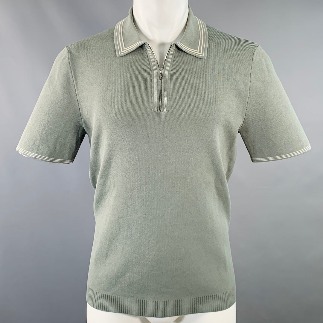 REISS Size M Stetson Green White Contrast Trim Viscose Blend Zip Up Polo
