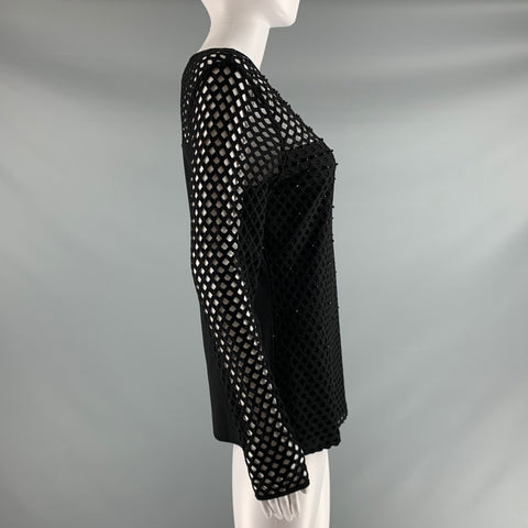 ESCADA Taille S Noir Or Viscose Polyester Découpé Manches Longues Robe Haut