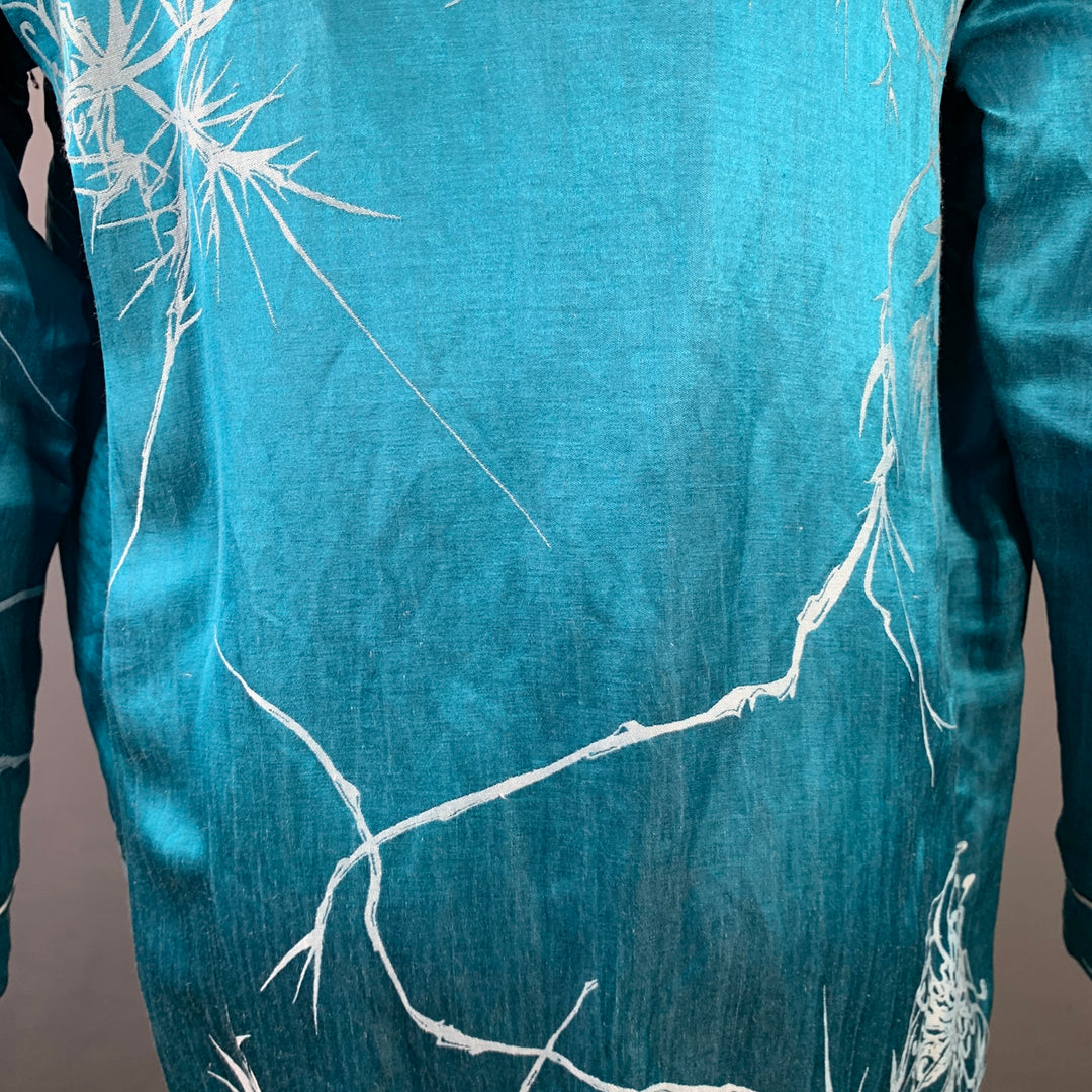 HAIDER ACKERMANN Size S Teal White Jacquard Linen Silk Shawl Collar Jacket