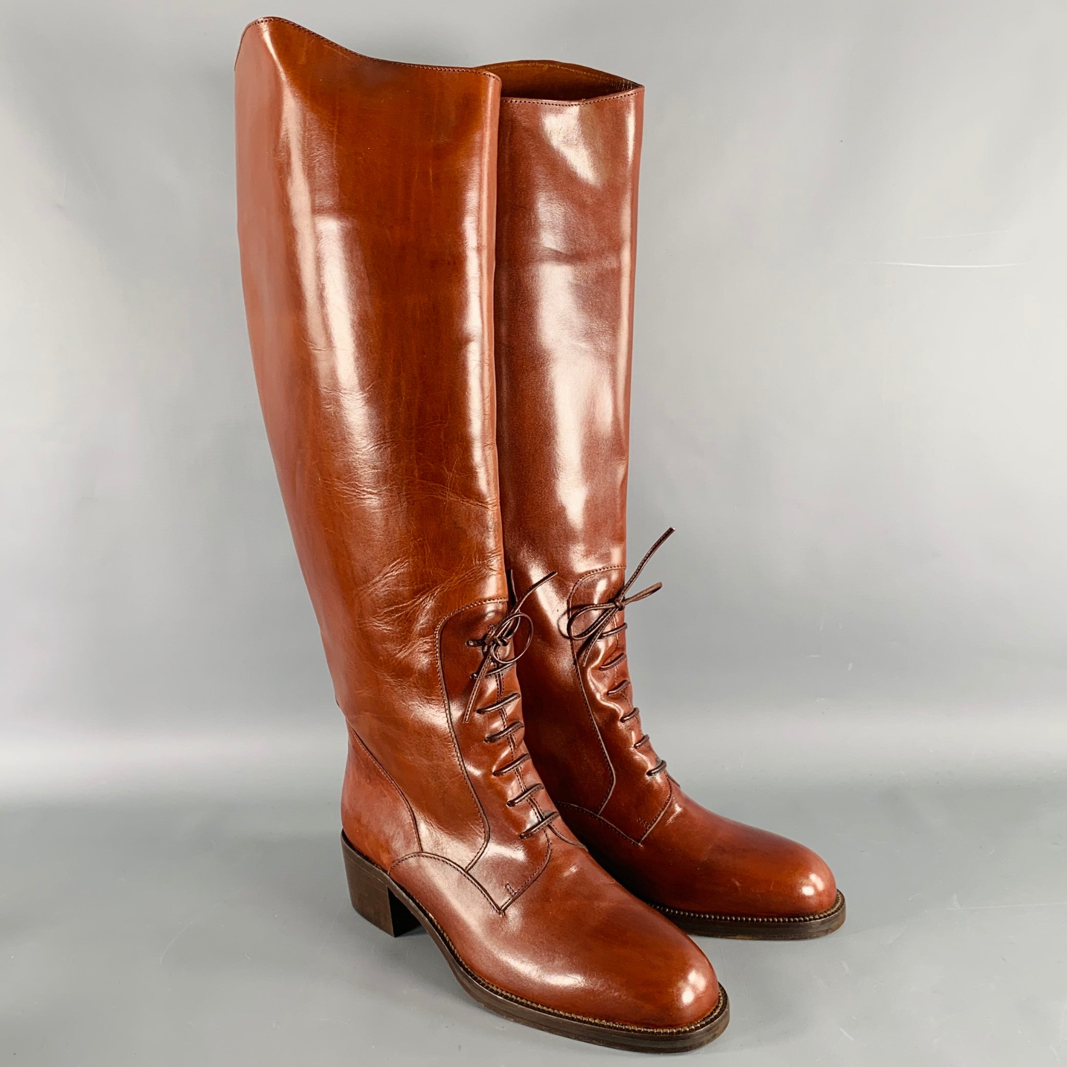 JOAN DAVID Size 8 Brown Cognac Leather Pull On Boots Sui Generis Designer Consignment