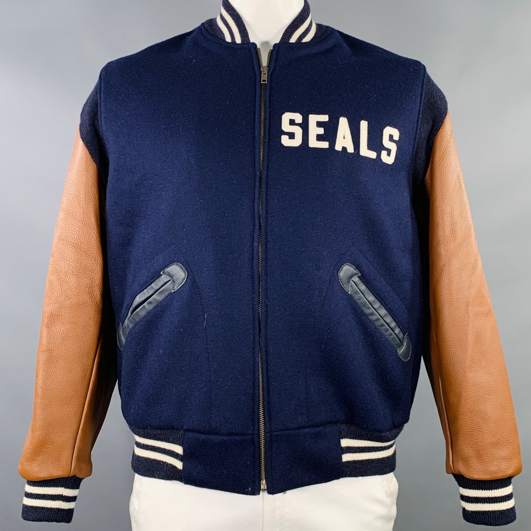 EBBETS FIELD Size L SF Seals 1949 Style Navy Brown Mixed Fabrics Virgin  Wool Varsity Jacket