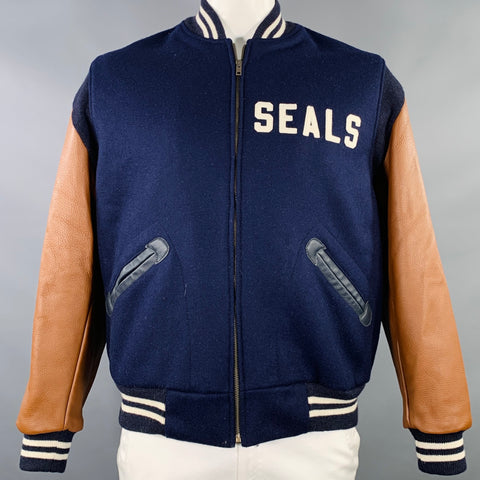 EBBETS FIELD Size L SF Seals 1949 Style Navy Brown Mixed Fabrics Virgin Wool Varsity Jacket