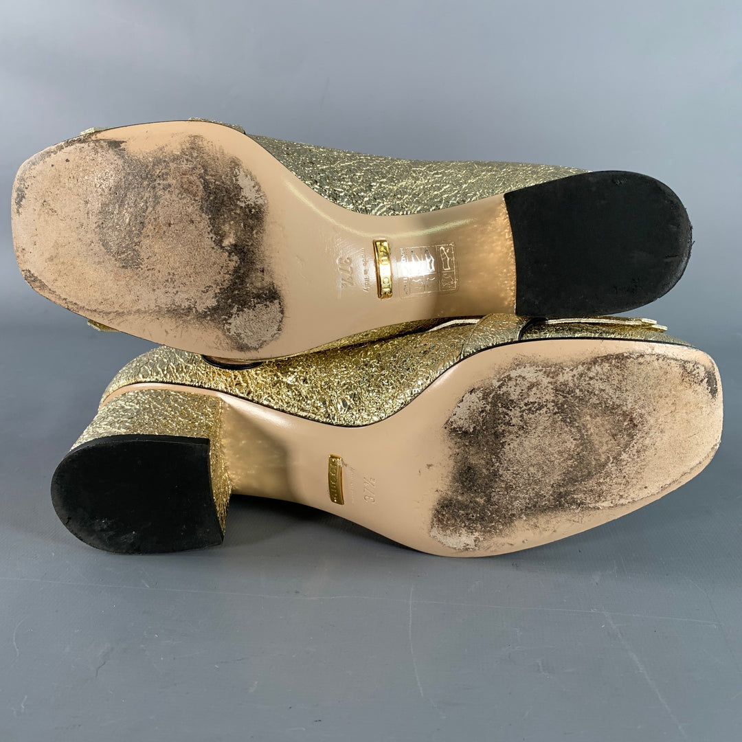 GUCCI Size 7.5 Metallic Gold Leather Textured Eyelash Fringed Pumps