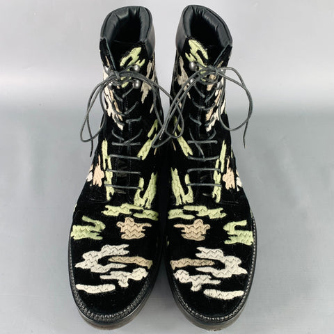 EMPORIO ARMANI Size 10 Black Green Grey Camouflage Embroidery Velvet Lace-Up Boots