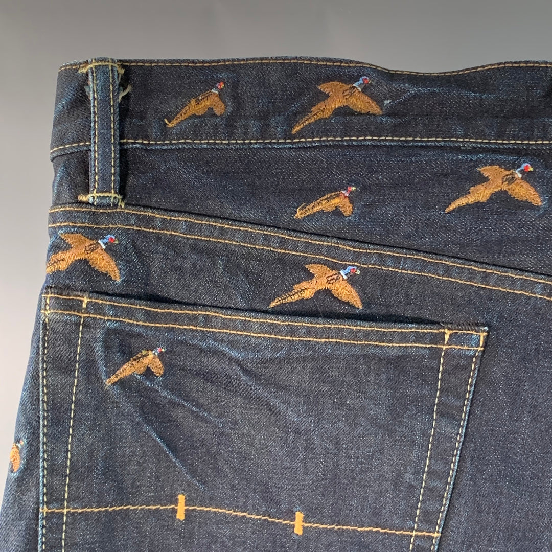 RRL by RALPH LAUREN Size 36 Indigo Cotton Selvedge Twill Straight Embroidered Birds Jeans