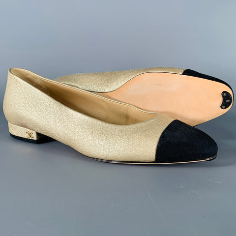 CHANEL Size 8 Gold Black Leather Cap Toe Flats