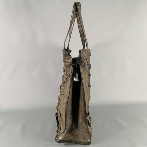 NUMERO 10 Brown Off White Embroidered Leather Tote Handbag