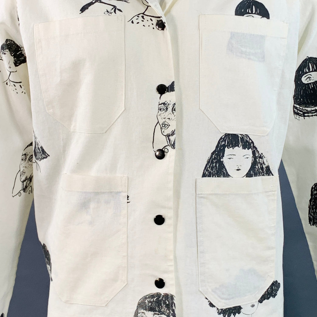 HOMBRE NECIO Size XL Beige Black Figures Print Linen Cotton Jacket