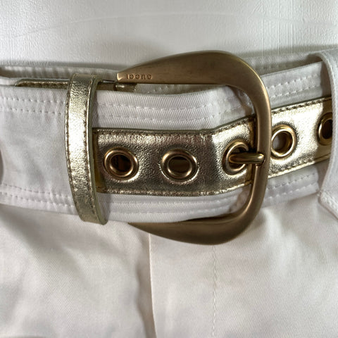 GUCCI Size 6 White Gold Cotton Flared Belted Pants