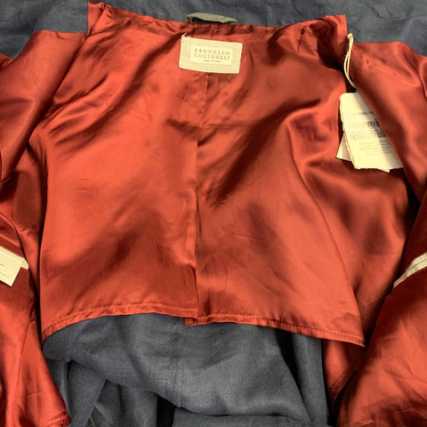 BRUNELLO CUCINELLI Size 40 Navy Red Twill Linen Snaps Jacket