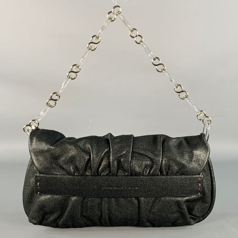 DONNA KARAN Black Silver Leather Shoulder Handbag