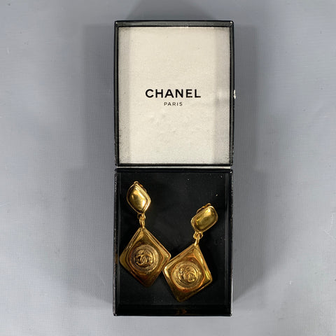 CHANEL Gold Tone Quilted Logo Clip-On Earrings