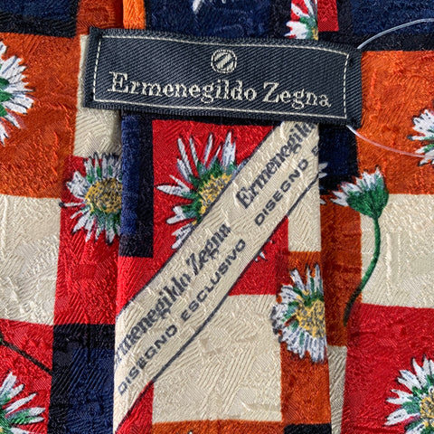 ERMENEGILDO ZEGNA Red Navy Cream Checkered Floral Silk Tie
