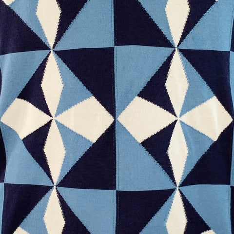 DOLCE & GABBANA Size L Blue White Graphic Geometric Silk Short Sleeve Polo