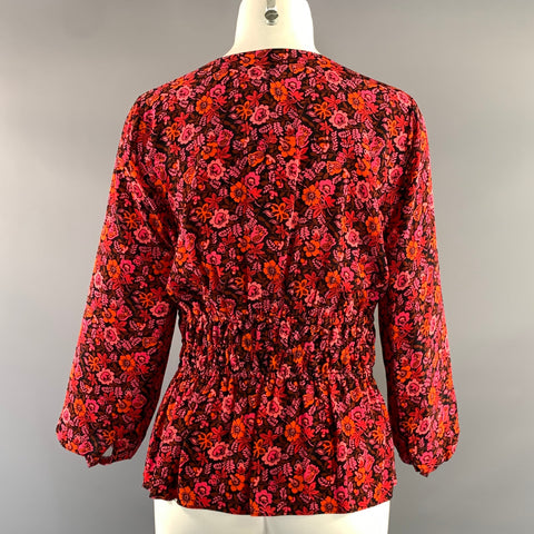 DEREK LAM Size 6 Pink Orange Viscose Floral V Neck Casual Top