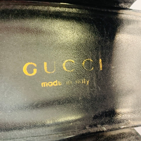 GUCCI Size 8.5 Black Gold Suede Patent Leather Ankle Sandals