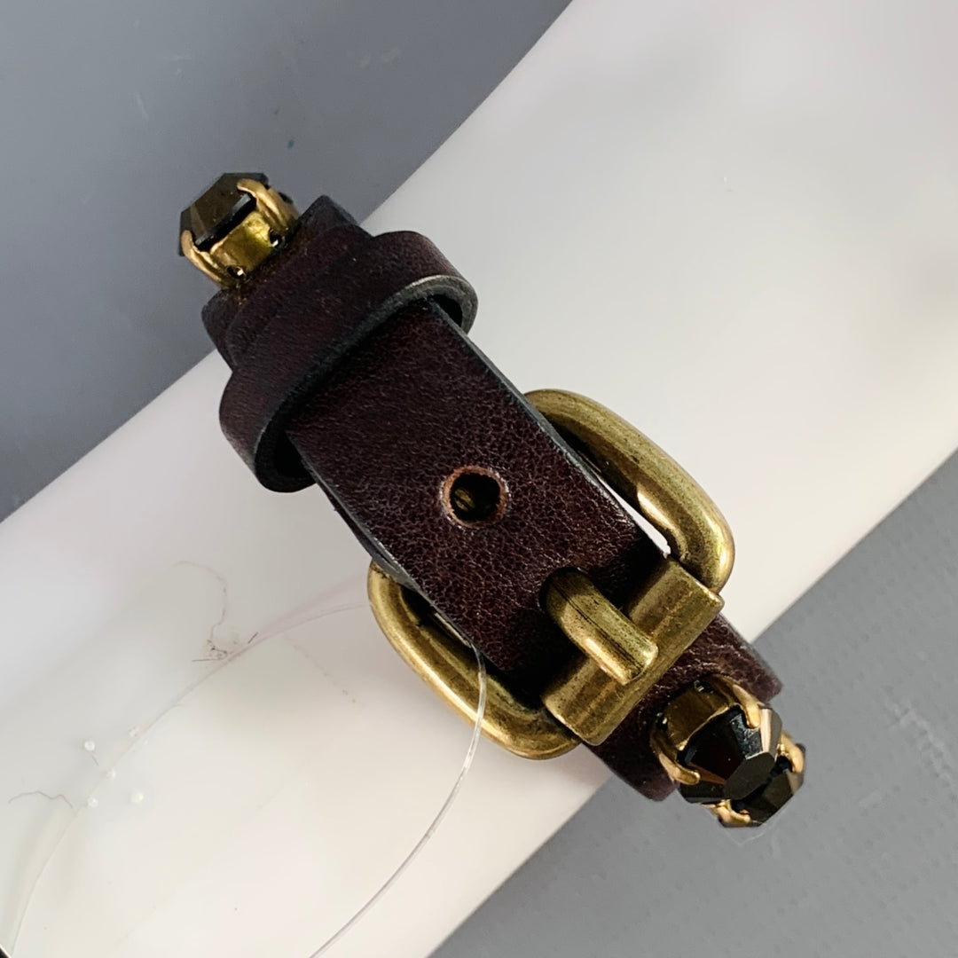 RONALD PINEAU Brown Gold Rhinestones Leather Buckle Bracelet