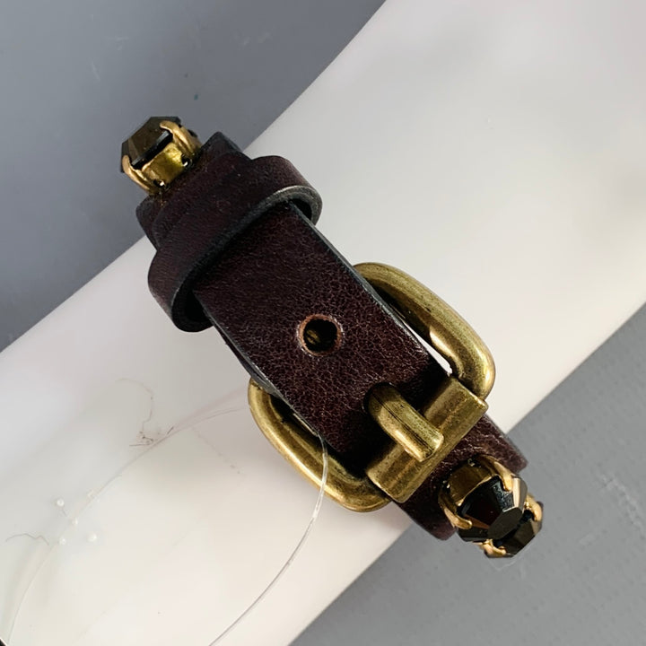 RONALD PINEAU Brown Gold Rhinestones Leather Buckle Bracelet