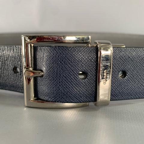 PRADA Size 40 Navy Grey Crackled Leather Belt