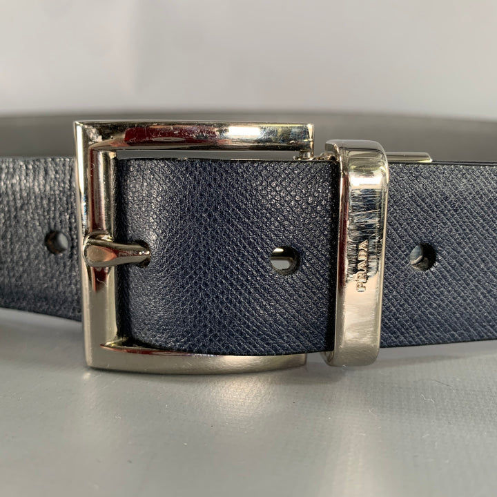 PRADA Size 40 Navy Grey Crackled Leather Belt
