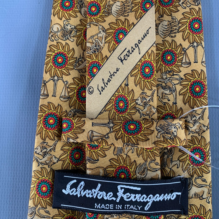 SALVATORE FERRAGAMO Beige Turquoise Zodiac Silk Tie