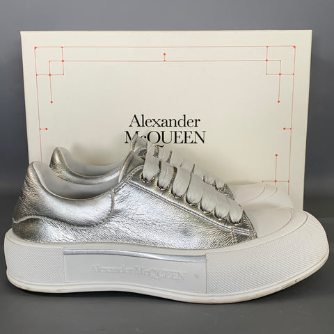 ALEXANDER MCQUEEN Size 9 Silver White Metallic Leather Lace Sneakers