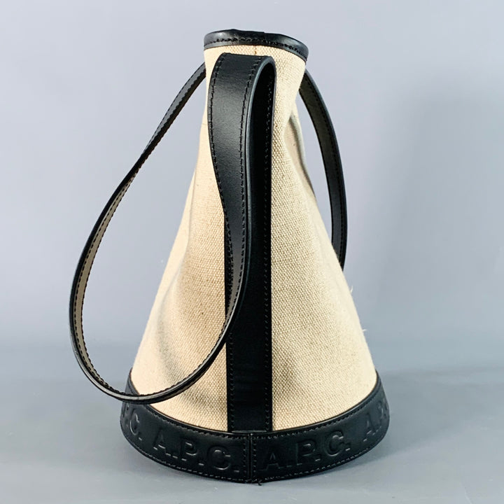 A.P.C. Beige Black Jute Cotton Leather Trim Crossbody Bucket Bag
