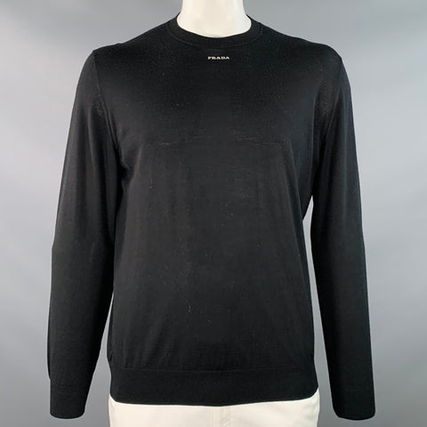 PRADA Size L Black White Jersey Logo Wool Long Sleeve Pullover