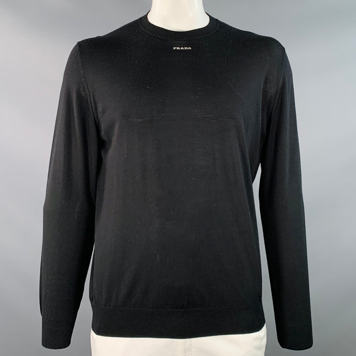 PRADA Size L Black White Jersey Logo Wool Long Sleeve Pullover