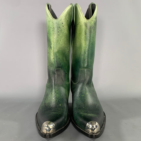 CALVIN KLEIN Size 12.5 Green Black Paint Splatter Leather Knee Length Boots