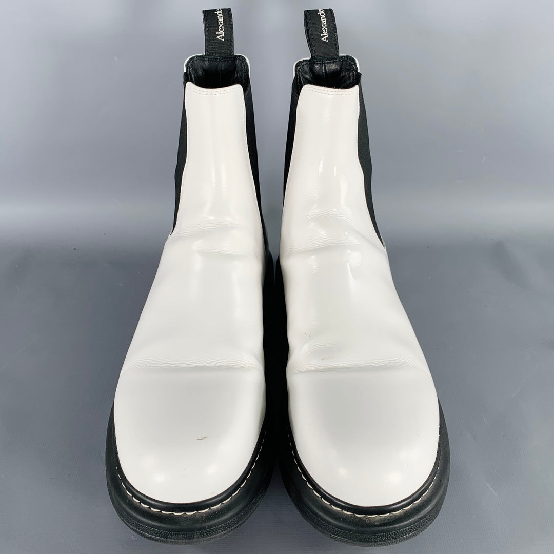 ALEXANDER MCQUEEN Size 9 White Black Leather Chelsea Ankle Boots