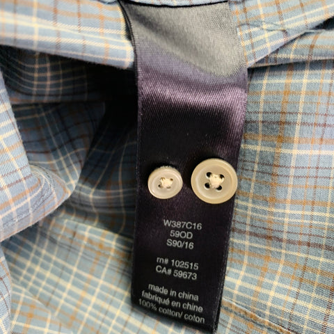 JOHN VARVATOS * U.S.A. Size L Blue Brown White Plaid Cotton Button Down Collar Roll Tab Long Sleeve Shirt