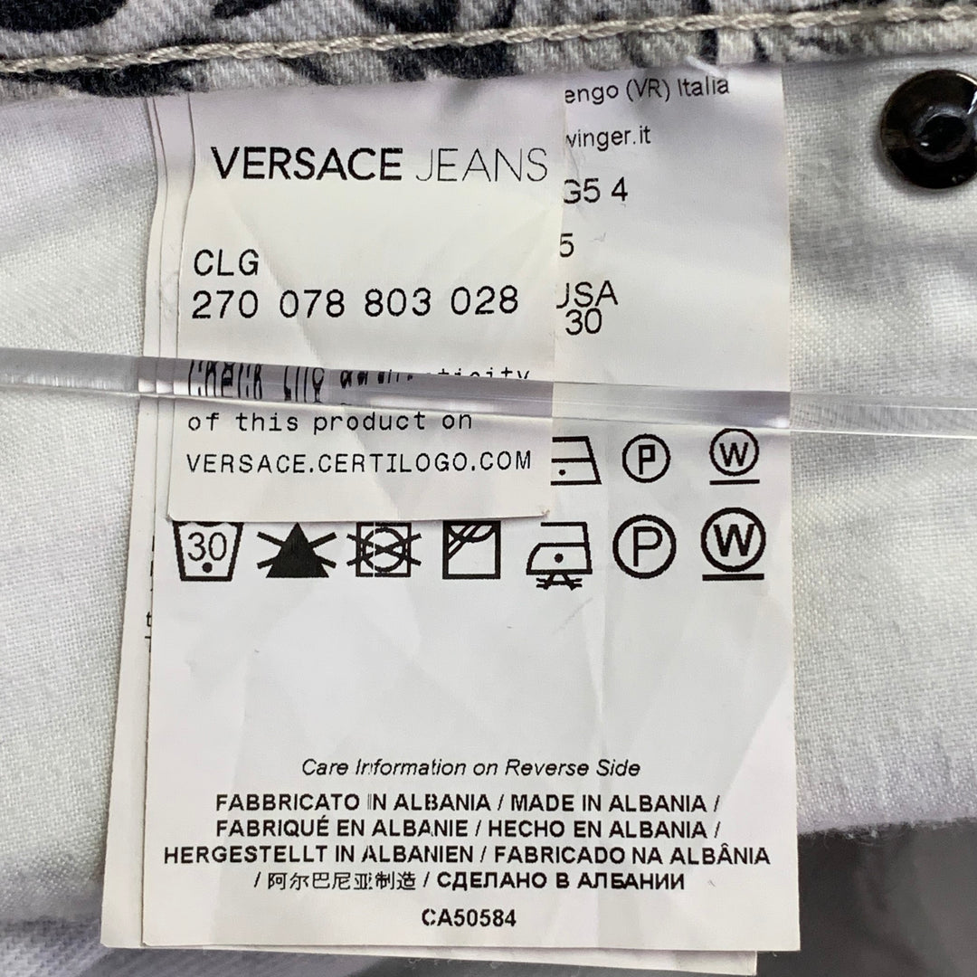 VERSACE JEANS Size 30 White Grey Logo Print Cotton Blend Slim Tapered Jeans