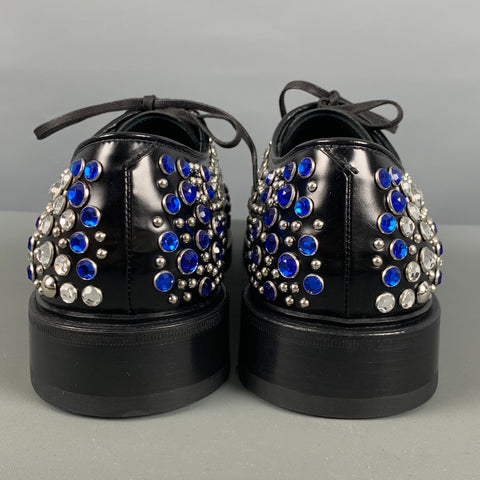 PRADA Size 9 Black Silver & Blue Studded Leather Lace-Up Shoes