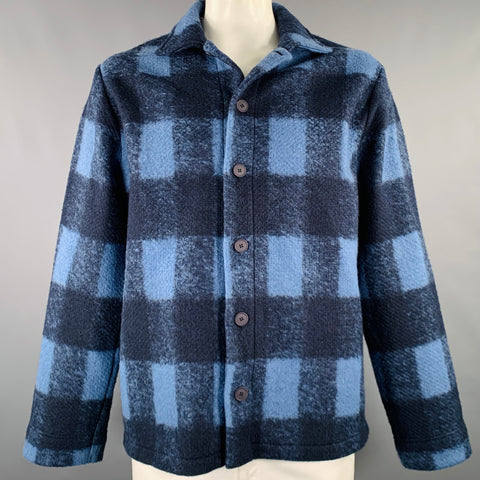 A.P.C. Size XXL Navy Blue Plaid Polyester Wool Shirt Jacket