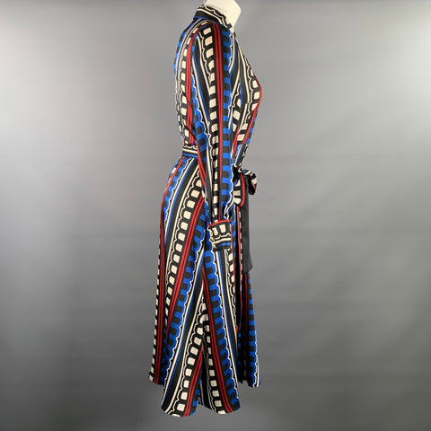 MARELLA Black White & Navy Polyester Geometric Midi Dress