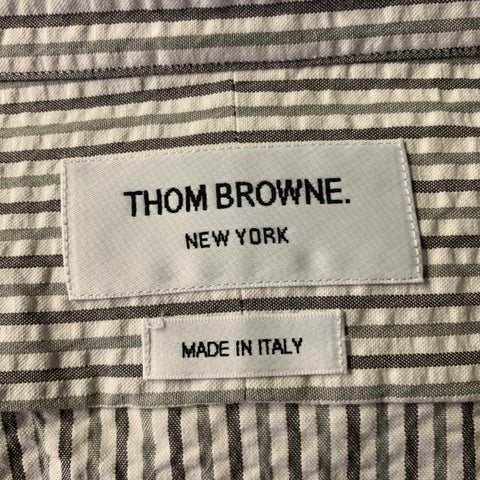 THOM BROWNE Size L White Grey Seersucker Stripe Cotton Club Collar Short Sleeve Shirt