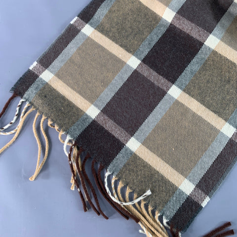VINTAGE Brown Tan Plaid Cashmere Fringe Scarf