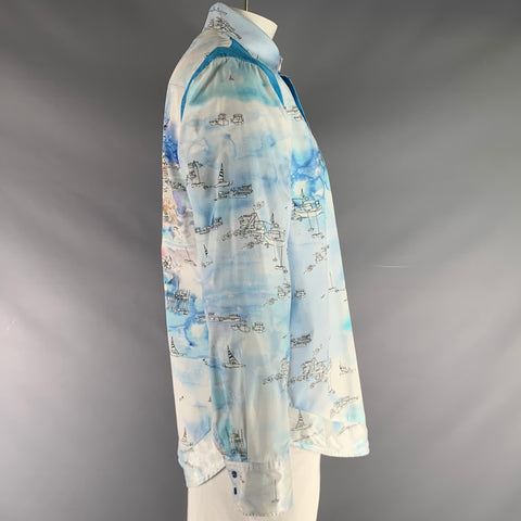 ROBERT GRAHAM Size L White Blue Print Cotton Button Up Long Sleeve Shirt