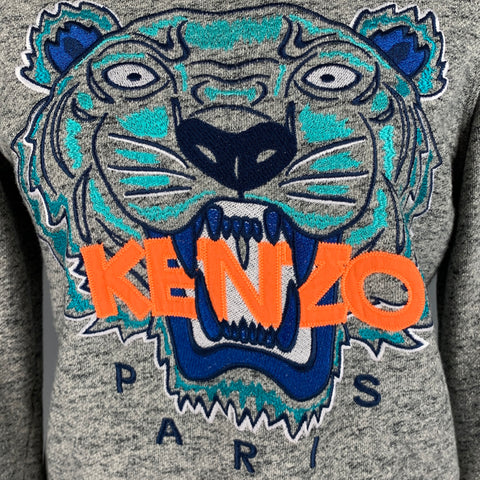 KENZO Size S Grey Blue Tiger Logo Embroidery Crew Neck Sweatshirt